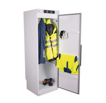 Öppet Nimo torkskåp med arbetskläder, jackor, handskar och skor