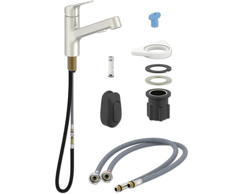 Köksblandare med monteringstillbehör och flexibla anslutningsslangar