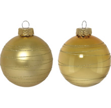 Två julgranskulor med glittrande linjer