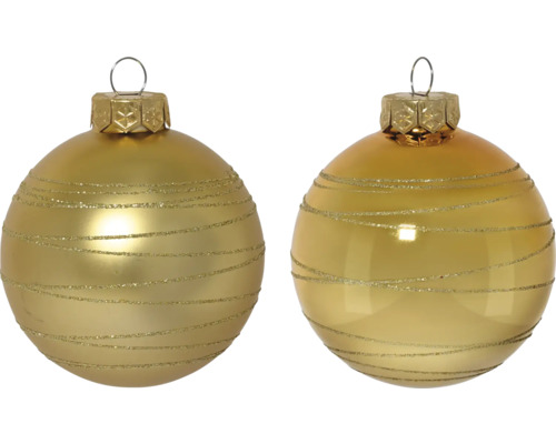 Två julgranskulor med glittrande linjer