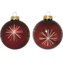 Två julgranskulor med stjärnmönster och upphängningsögla