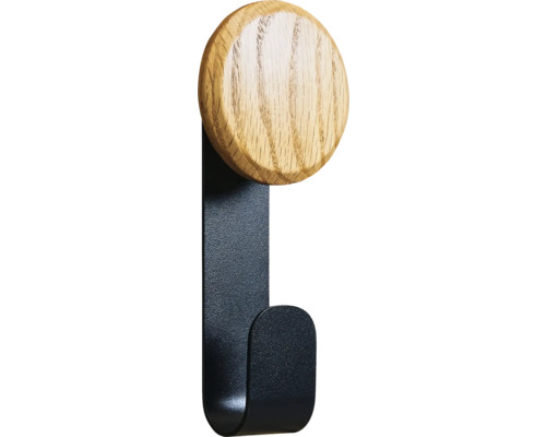 Krok SONAVA small S 167x36x34mm Ø80mm trä/metall svart 4-pack Väggkrok med ett runt trähuvud och en metallkrok