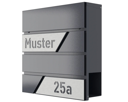 Antracitfärgad brevlåda med ordet prov och nummer 25a