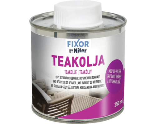 Fixor Teakolja i en 250 ml burk för skydd och underhåll av teakträ