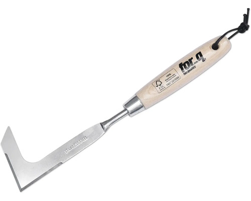 Fogrengörare i rostfritt stål med trähandtag och upphängningsanordning