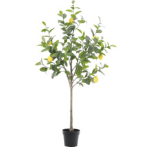 Konstgjord citronträd i kruka med gröna blad och gula frukter.