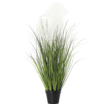 Dekorativ konstgjord växt med gräs och blommor i en svart kruka