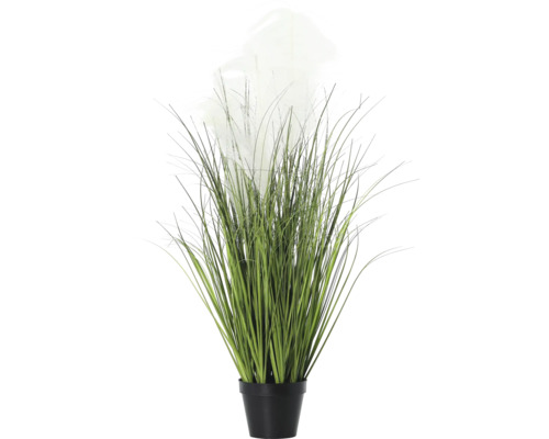 Dekorativ konstgjord växt med gräs och blommor i en svart kruka