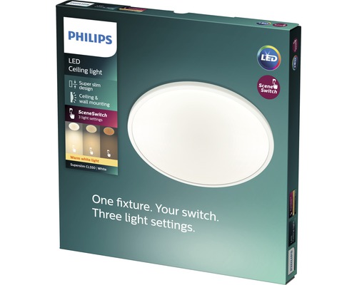 Förpackning för Philips LED taklampa med olika ljusinställningar
