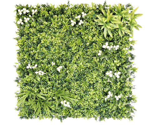 Konstväxtvägg Desert Oasis 100x100cm Fyrkantigt dekorativt element med konstgjorda gröna växter och vita blommor för väggdekoration