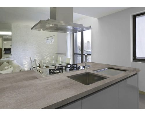 Modernt kök med kokplatta, diskho och fläkt