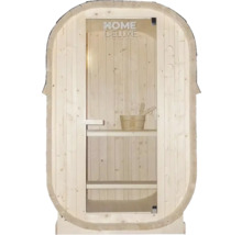 Bastu av trä med glasdörr och Home Deluxe-logotyp