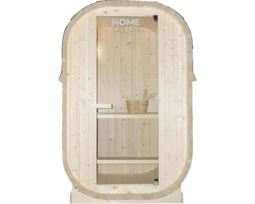 Bastu av trä med glasdörr och Home Deluxe-logotyp