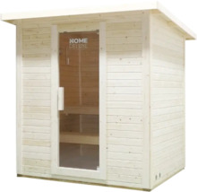 Bastu i trä med glasdörr och Home Deluxe-logotyp