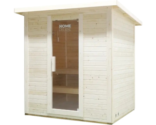 Bastu i trä med glasdörr och Home Deluxe-logotyp