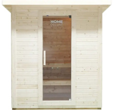 Bastu av trä med glasdörr och Home Deluxe-logotyp