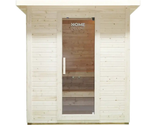 Bastu av trä med glasdörr och Home Deluxe-logotyp
