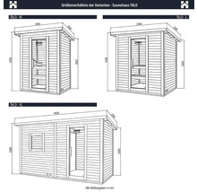 Storleksjämförelse av bastuhus TALO varianterna M, L och XL med måttangivelser