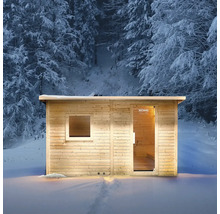 Bastu i trä i snön med fönster och glasdörr med Home Deluxe logotyp