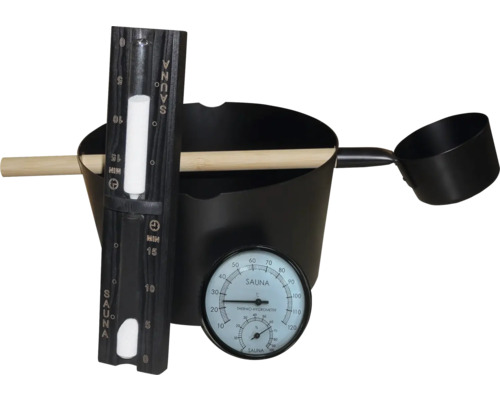 Bastuhink med skopa, termometer och timglas