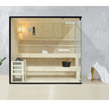 Bastu med träbänkar, bastuugn, lampa och glasfront