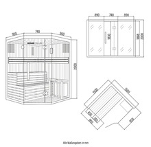 Teknisk ritning av en Home Deluxe bastu med mått