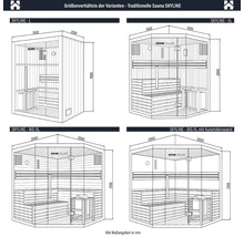 Storleksjämförelse av den traditionella bastun SKYLINE med mått på varianterna Skyline L, XL, Big XL och Big XL med konststensvägg