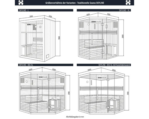 Storleksjämförelse av den traditionella bastun SKYLINE med mått på varianterna Skyline L, XL, Big XL och Big XL med konststensvägg