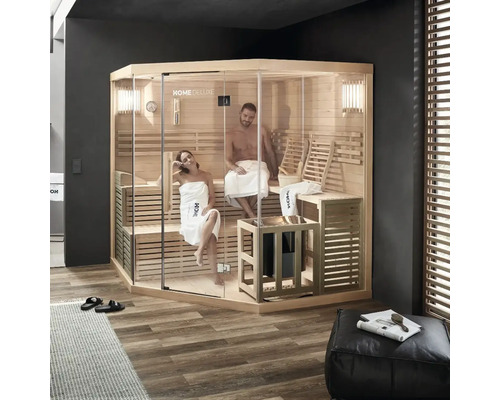 Hörn bastu med träpanel och glasfront med par på träbänkar