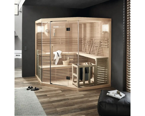 Hörn bastu med glasfront, träbänkar och kamin i ett modernt designat rum