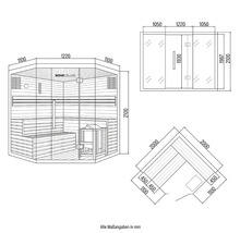 Teknisk ritning av en Home Deluxe bastu med mått
