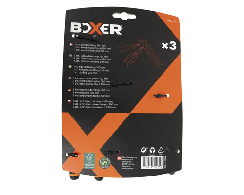 Boxer tångset, bestående av sidavbitartång 160 mm, kombinationstång 190 mm och rörtång 250 mm