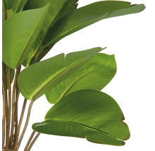 Närbild av en konstgjord Strelitzia med gröna blad och bruna stjälkar.