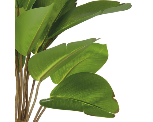 Närbild av en konstgjord Strelitzia med gröna blad och bruna stjälkar.