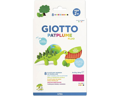 Giotto Patplume Fluorescerande modellera i förpackning med illustration av en modellerad dinosaurie