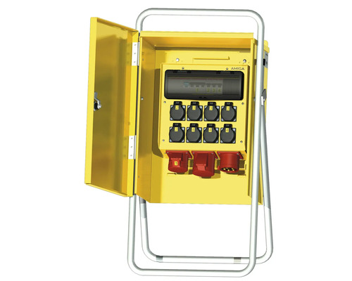Gul eldistributionslåda med flera uttag och säkringar