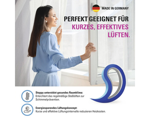 Kvinna öppnar fönster för kort, effektiv ventilation, tillverkad i Tyskland