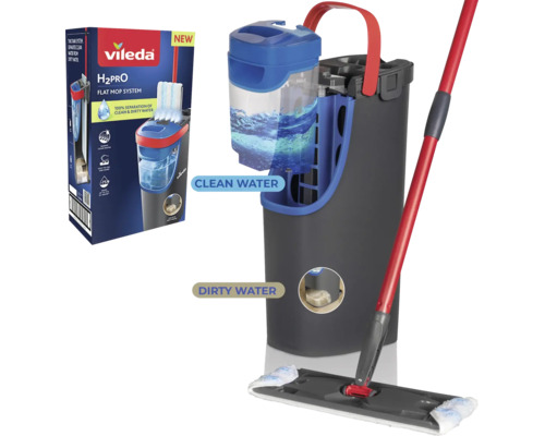 Vileda H2PRO plattmoppsystem med hink som har separata fack för rent och smutsigt vatten samt en plattmopp.
