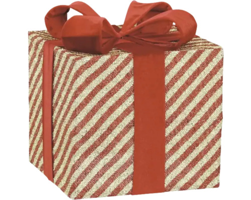 Juldekoration MICA Paket gold 25x25x28cm guld/röd Present med rosett och randigt mönster