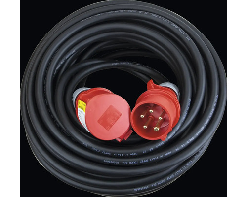 Svart strömkabel med röd kontakt och koppling