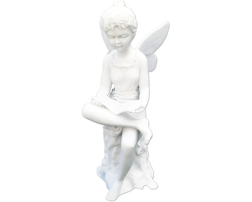 Dekorativ trädgårdsfigur av en sittande fe med vingar