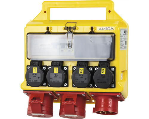 Amiga strömfördelare med två CEE-uttag och fyra skyddskontaktuttag