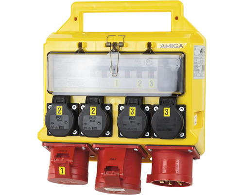 Gul väggmonterad strömfördelare med flera uttag