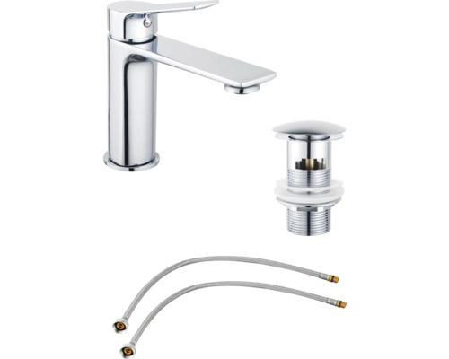 Tvättställsblandare med bottenventil och flexibla anslutningsslangar