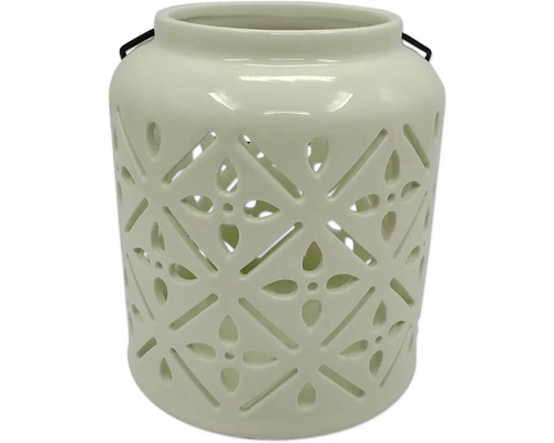 Lykta LAFIORA porslin Ø16x18cm lime Dekorativ vindljuslykta i keramik med blomsterutskärningar och handtag