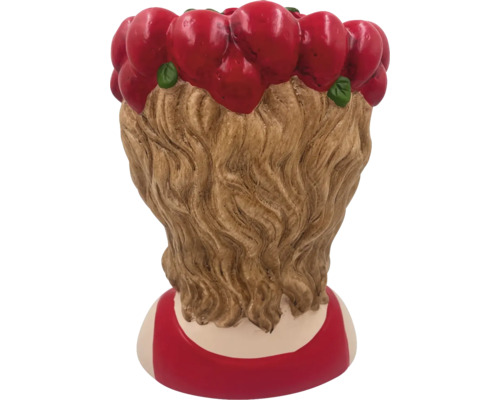 Keramisk figur med äppeldekoration, bakifrån