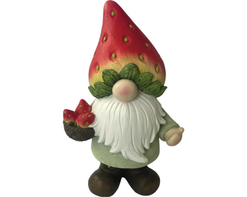 Trädgårdsfigur LAFIORA jordgubbstomte fiberglas 28x19,5x45cm Trädgårdstomte med jordgubbsmössa och jordgubbar i en korg