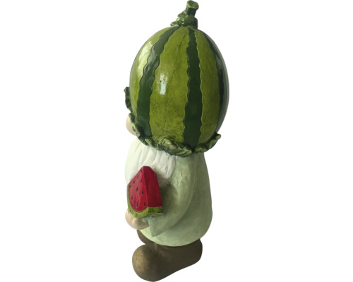 Trädgårdstomte med vattenmelonhatt och vattenmelonbit