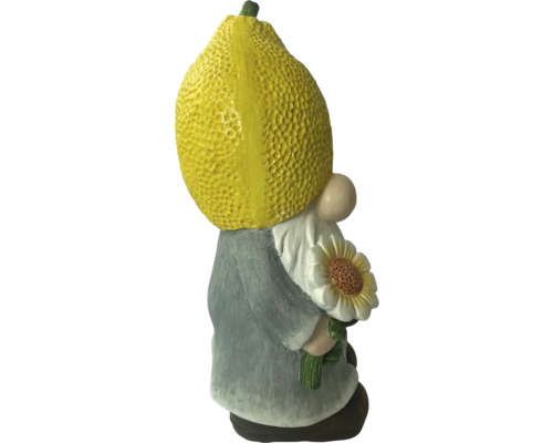Trädgårdstomte med citron som huvud och solros i handen