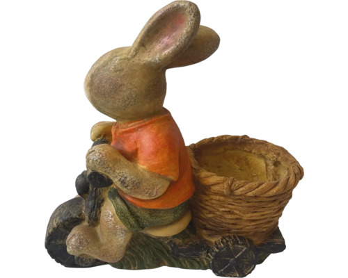 Dekorativ kaninfigur på motorcykel med korg för trädgården